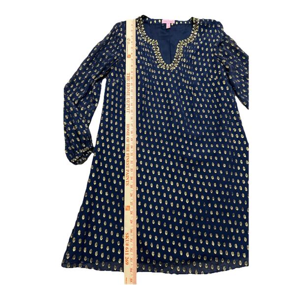 Lilly Pulitzer Women’s 4 Navy Crinkle Clip Silk Jacquard Dress Navy Gold  - Picture 3 of 11